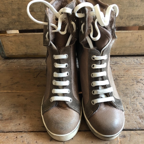 FashionLab Italian Leather Wedge lace Up Booties - Picture 3 of 8